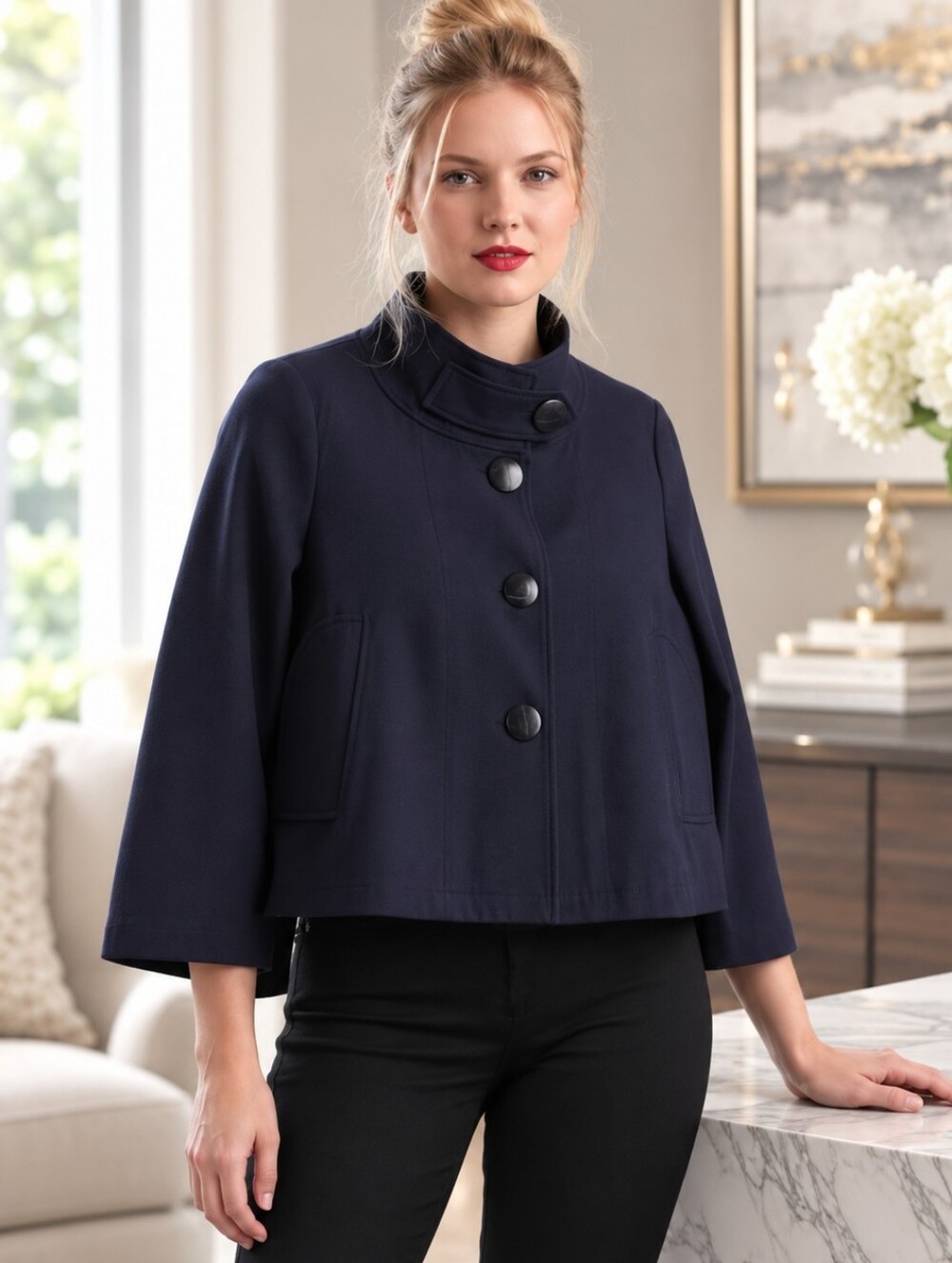 Peter Nygard  Navy Blue Funnel Neck Stretch Cropped Swing Jacket/Coat